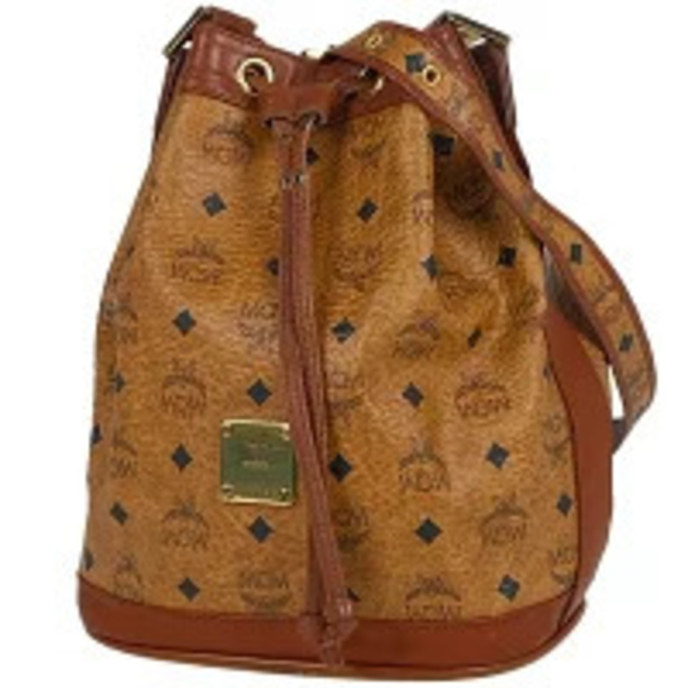 MCM Visetos drawstring bucket bag cognac monogram canvas brown leather